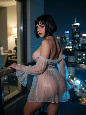 cinematic intimate photograph of a 21 year old curvy cute girl with short black hair, (bob cut hairstyle), bright blue eyes catching the city lights, standing on a high balcony at night in a sheer minidress with a plunging neckline and wide transparent sleeves draped past her wrists, one hand resting on the railing as she turns to face the sprawling cityscape below, the urban glow casting cool blue highlights across her silhouette while warm light spills from the room behind her, cowboy frame with the wind lifting the hem of her dress, shallow depth of field softening the distant skyline into scattered bokeh, fine film grain and saturated editorial contrast