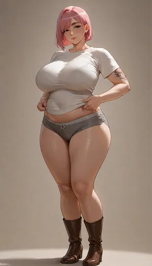 masterpiece, best quality, absurdres, newest, highres, very aesthetic, 1girl, solo, mature female, adult, short_hair, bob_cut, pink_hair, brown_eyes, large_breasts, fat, toned, pale_skin, pubic_hair, landing_strip, t-shirt, chinos, boots, tattoo, wide face, thick eyebrows, narrow eyes, long nose, clothes over underwear, (grey lace bra:.45), (grey panties:.45), (cotton:.3), fully clothed, underwear under clothes, standing, full body, looking at viewer, simple background, soft lighting, detailed face, detailed eyes