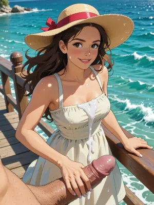 A vibrant and nostalgic digital illustration in the classic hand-drawn animation style and Studio Ghibli aesthetic. A smiling woman in a wide-brimmed hat and sundress is depicted on a sun-drenched wooden boardwalk by the turquoise sea. A warm breeze ruffles her hair, one hand rests on the wooden railing beside her and the other gracefully holds the viewer's cum-dripping penis, the penis is pointing upwards from the bottom of the image's lower margin and is spurting thick white cum onto the woman's waistline, she maintains soft demure eye contact with the viewer, (beautiful feminine hand touching penis, perfect hands, The soft watercolor texture, clean contour line art, and voluminous midday light create an indescribable atmosphere of coziness, joy, and carefree summer vacations.)