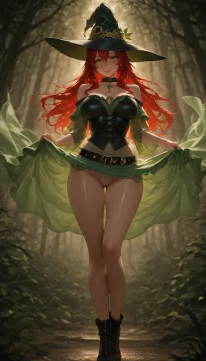 full body shot of a beautiful witch, (long wavy vibrant red hair:1.2), pale freckled skin, huge expressive green eyes, sweet smile. She is wearing a tall black witch hat with a green leaf wreath, a black choker with a small green gem pendant. She is wearing a off-shoulder puffy-sleeved crop top with lace trim, a tight black leather corset with red lacing and a thick belt. She is holding a small glowing magic flame in her hand.
Her lower half is covered in, (a translucent, sheer white transparent skirt:1.2), (wet thin fabric clinging directly to bare skin:1.3), flowing skirt, (visible bare smooth anatomy of her legs and hips under the sheer cloth:1.2), . wide buttocks, her crotch visible, labia and anus, background is a dark mystical forest with tall trees, blue-green moonlight, floating magical dust, soft cinematic lighting, depth of field, aesthetic, detailed textures., cinematic shot, dynamic lighting, 75mm, Technicolor, Panavision, cinemascope, sharp focus, fine details, 8k, HDR, realism, realistic, key visual, film still, cinematic color grading, depth of field.

Overall, it's an absolute world-class masterpiece. It's an aesthetically pleasing image with impeccable attention to detail and impressive composition., U1F51E, U1F507