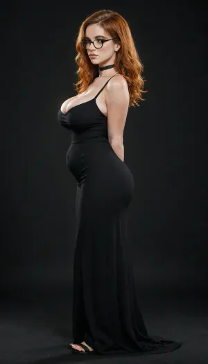 (((side view:1.8))), ((hot goth country girl)), (((lower soft belly))), (((Black background))), beautiful face, (((glasses))), natural huge breasts, ginger, redhead, bangs, wide hips, tan skin, horny expression, full lips, long length hair, bright green eyes, freckles, choker, sexy, tight tiny waist, flared hips, cute freckles, freckled face, freckled chest, freckled shoulders, delicious and seductive and sexy feminine, seductive crazed lustful look in her eyes, very long curly ginger red hair, black eyeliner, shy, blushing, sweaty, thick, hourglass figure, fit and curvy, slutty tan lines, Angel face, (((Bright Orange Dress))), <lora:tan-lines-xl-v1:.8>, <lora:add-detail-xl:.8>, <lora:SDXL_BetterFaces-LoRA_v1:.8>