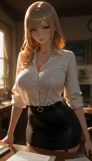 amazing photo quality, ultra realistic details, ultra high detailed characters, (masterpiece), (photo realistic), (hyper realistic), (high resolution), (maximum detail), score_9, score_8_up, score_7_up, highest quality, ultra-high resolution, photorealism, high quality, ultra-realism, 8k, HDR, ultra high detailed, man and a girl in an director's office, the man in business casual office wear, stands near girl, indoors, evening, papers, cluttered desk, very beautiful girl aged 20–25 has chestnut hair and gray-green eyes, sensual lips, perfect body, firm round medium breasts, wearing a white shirt, black knee skirt, black high hils, under skirt, layered, garter belt, (covered), standing, subtle, see-through, (visible outlines:1.4), garter belt shows through the skirt fabric, creating dramatic chiaroscuro effects, perfect background, cinematic lighting, 8K, high detail, perfect anatomy, detailed faces, masterpiece faces, (detailed eyes), (masterpiece eyes), intricate detail, (photorealistic textures:1.2), (sharp focus:1.2), (refined textures:1.2), (natural shadows:1.2), (SuperQuality:1), (SuperQuality:1.2), <lora:MJ52:1.7>, <lora:Jeweled eyes-NAI:1.8>, <lora:BUT_SDXL_SHS:1.8>, <lora:attractive_notrigger:1.7>, <lora:dark:.8>