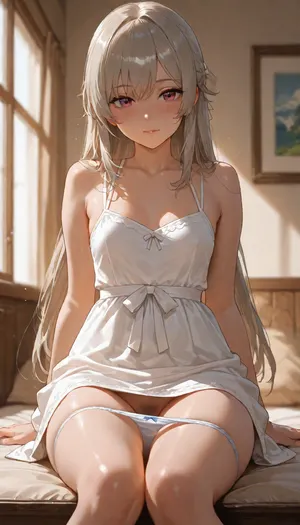 Cinematic photography, a beautiful Nordic woman She is sitting in summer dress. small flat breasts under dress, Her panties are pulled down to her knees. pubic hair visible