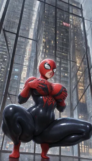 (Female Spider-Man:1.6), adult female Spider-Man, athletic curvy build, large breasts, narrow waist, strong core, wide hips, powerful thighs, firm ass, full classic red-and-blue suit sealed tight, raised black web pattern, large white eye lenses, mask completely closed, (thick body:1.5), soft full thighs, soft belly under the suit, large ass, medium-large breasts, (crouched low on a vertical glass skyscraper wall:1.7), toes and fingertips adhered to the mirrored surface, knees spread wide, spine deeply arched so the blue ass panel is pushed toward the camera, one hand braced higher for balance, (holding breasts through the suit:1.4), both gloved hands cupping and lifting the heavy red chest panels, fingers sinking into the stretched fabric, (rain-slicked downtown skyscraper at night:1.4), endless reflections of neon signs in the wet glass, city lights streaking below, (semi-realistic detailed:1.5), soft painterly realism, water droplets beading on the suit, sharp specular highlights on wet webbing, (in the style of artgerm:1.5), hyper-detailed comic-book finish, dramatic neon rim lighting, (masterpiece, best quality, ultra detailed, intricate details, sharp focus, 8k, highres:1.3), volumetric rain, perfect anatomy