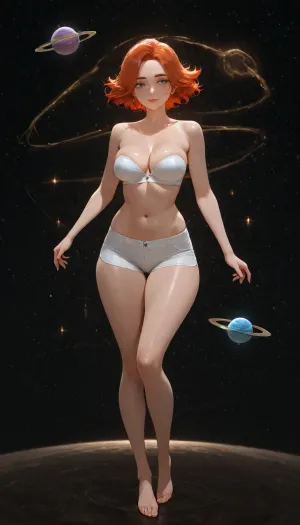 masterpiece, best quality, absurdres, newest, highres, very aesthetic, 1girl, solo, mature female, adult, very_short_hair, heterochromia, medium_breasts, skinny, pubic_hair, freckles, piercing, oval face, thick eyebrows, white strapless bra, white boyshorts, underwear, floating, flying, space, stars, planets, cosmic background, looking at viewer, full body, detailed face, detailed eyes
Negative