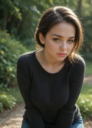 plump woman leaning forward with arms behind back, flirting, caring, comfy, soft and tender, black knitted sweater, busty, 20-years-old, young, beautiful, outside, warm sunshine, close-up, dynamic angle.