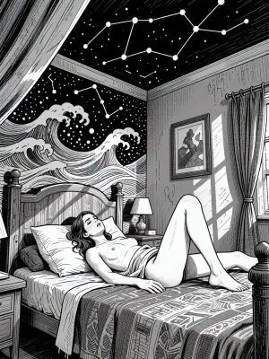 A black-and-white sketch in the style of a graphic novel and indie comic. A woman lies on her back in bed, one leg bent at the knee, naked, asleep with her eyes closed and a serene expression on her face, her dark, loose hair is scattered across the pillow. Her breasts and entire body are bare. A wooden headboard and a bedside table are visible, as is a painting hanging to one side. On the wall to one side and on the ceiling are constellations formed by stars and lines, as well as stylised waves. A window with curtains is visible to one side. The artwork features detailed shadows and cross-hatching, with crisp ink lines of moderate variation in thickness, the textures of the fabric, wood and hair are rendered in great detail. The mood of the painting is calm and slightly melancholic, the scene is viewed from above.