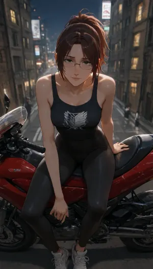 ((Insanely hot)), ((top quality、masterpiece、high sensitivity、high resolution、detailed depiction、depiction of a delicate face、thin face、 cute eyes, defined nose)), ((Hange Zoe from "Attack on titan")), is advanced digital art, glasses, tanktop, tight black leggings、sneakers, night city outskirts background, ((slim body)), confident, ((extremely confident look in her eyes)), ((poor lighting)), (((sitting on a sports motorbike))), (feminine stance), score_9, score_8_up, score_7_up, score_6_up, (j_cartoon:1.4), Drawing, <lora:hinaTuningFaceDetailer_SDXL-v2-rank256-pruned:.8>