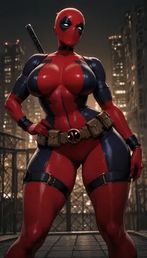 (Lady Deadpool:1.6), full red-and-black tactical suit and mask on, scarred athletic body, large breasts, wide hips, thick thighs, wearing a tight Black Widow catsuit over her own suit, zipper partially open, standing with legs apart on a rooftop at night, one hand on her hip, the other adjusting the utility belt, city lights behind, cinematic lighting, sharp focus, highly detailed