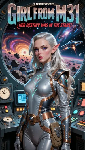 A dynamic, richly colored hand-painted vintage movie poster illustration in the dramatic style of classic 1950s and 60s B-movie science-fiction advertising. The poster captures a thrilling, action-packed space opera scene with bold typography and iconic genre clichés, without any weaponry. The background features a vibrant cosmic landscape of swirling nebulae, distant star clusters, and a massive, stylized view of the Milky Way, all within a circular viewscreen aboard a futuristic, multi-deck spaceship control room. Through the viewport, a sleek, flying-saucer-style spacecraft with glowing engines is seen rocketing through a dense field of asteroids towards a mysterious planet.

Dominating the foreground is the central subject, an otherworldly extraterrestrial girl from an other galaxy. She is strikingly beautiful but clearly alien, with pronounced extraterrestrial features. She possesses delicate, subtly elongated pointed ears, large, wide-set violet eyes with distinct, narrow vertical slit pupils like a cat, that glow softly, and a slender neck adorned with faint, iridescent bioluminescent patterns. Her skin has a very light, pearlescent azure-teal. Her hair consists of luxurious, long wavy platinum-silver locks flowing freely down her back and framing her face in soft, glamorous waves, completely free of any bun or updo. She wears a form-fitting, retro-futuristic one-piece space uniform of shimmering silver-grey composite fabric with decorative copper trim, high shoulders, integrated brushed-aluminum accent rings, and various complex utility pouches and panels on her belt. She is standing with a composed, heroic gaze.

Behind her, a complex control room filled with glowing knobs, large analog dials, flickering CRT screens, and heavy-duty metal consoles, and monitors.

Bold typography dominates the top and bottom of the poster.

Top Banner, "ED WOOD PRESENTS", Main Title, complete, Huge, rugged, futuristic block letters with cosmic textures, centered, "GIRL FROM M31", Sub-title, (Smaller, dramatic red script below title), "HER DESTINY WAS IN THE STARS!", The poster uses rich, saturated colors, deep reds, vivid teals, yellows, emerald greens, and metallic blues. The overall aesthetic is gritty, textured, high-contrast lighting, and dramatic shadow.