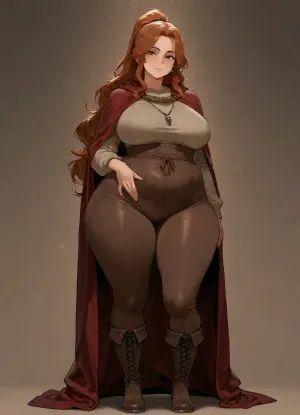 masterpiece, best quality, absurdres, newest, highres, very aesthetic, 1girl, solo, mature female, adult, very_long_hair, brown_hair, wavy_hair, ponytail, brown_eyes, freckles, oval face, thin eyebrows, button nose, wide mouth, soft jaw, tan, medium_breasts, fat, wide_hips, thick_thighs, soft_belly, shirt, pants, cloak, boots, medieval, traveling clothes, burgundy, brown, stained clothes, oversized clothes, leather cord necklace, clothes over underwear, (black bra:.45), (black panties:.45), (linen:.35), fully clothed, underwear under clothes, standing, full body, looking at viewer, simple background, soft lighting, detailed face, detailed eyes
