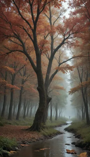 A large and thick old banyan tree, with the midday light shining through the gaps in its leaves, forming numerous Tyndale columns of light, creating bright and dark spots on the wet sandy ground after the rain. Mist permeates the air, and the leaves are transparent and vibrant against the light