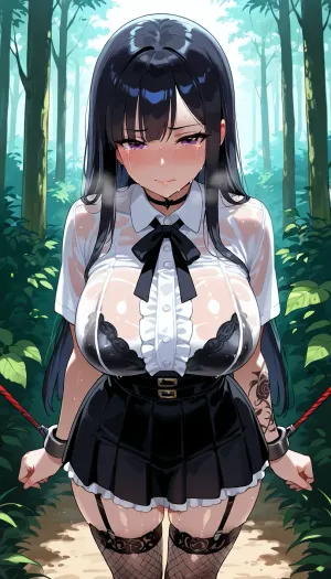 18 year girl suck the cock on the knee's goth style with small body and long black hair, tattoos, a fit a large bust, and fishnet stockings. . She is in a secluded forest during an intimate, goth skirt and wet shirt, beautiful crying face .Her hands are cuffed behind her back, with decorative ropes adding to the gothic aesthetic. The atmosphere is dark, erotic, and intense, with dramatic lighting