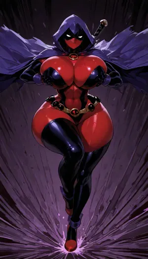 Solo, (Lady Deadpool:1.6), adult female Deadpool, athletic yet curvy scarred body, dense scars, full red-and-black suit and mask on, dual katanas, (curvy body:1.6), extreme hourglass, massive breasts, tiny waist, huge hips, thick thighs, large round ass, (Raven from DC outfit:1.5), dark purple hooded cloak, tight black leotard with red gem, (evil expression:1.5), (high spinning kick freeze:1.5), body rotated, one leg extended vertically, cloak flaring, (holding breasts:1.4), both hands squeezing her breasts, dim church, dramatic shadows, sharp focus, raven, <lora:Raven_XL:1.9>, <lora:cfg_scale_boost:.8>, <lora:LCMTurboMix_Euler_A_fix:.8>