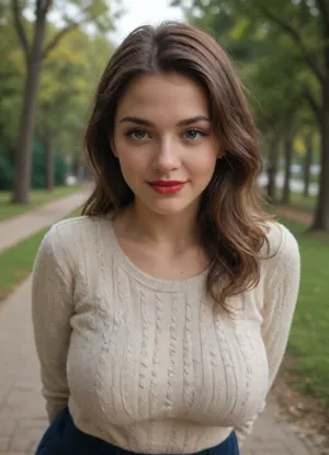 plump woman, 20-years-old, leaning forward with arms behind back, busty girlfriend, cute pose, friendly smile, flirting eyes, red lips, elegant hair style, comfy, caring, soft and tender, fashion model, dark knitted sweater, park, outside, warm sunshine, close-up, dynamic angle.
