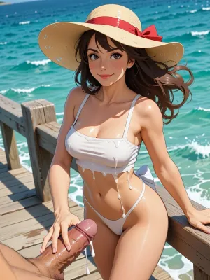 A vibrant and nostalgic digital illustration in the classic hand-drawn animation style and Studio Ghibli aesthetic. A smiling woman in a wide-brimmed hat and sundress is depicted on a sun-drenched wooden boardwalk by the turquoise sea. A warm breeze ruffles her hair, one hand rests on the wooden railing beside her and the other gracefully holds the viewer's cum-dripping penis, the penis is pointing upwards from the bottom of the image's lower margin and is spurting thick cum onto the woman's waistline, she maintains soft demure eye contact with the viewer, (beautiful feminine hand touching penis, perfect hands, The soft watercolor texture, clean contour line art, and voluminous midday light create an indescribable atmosphere of coziness, joy, and carefree summer vacations.)