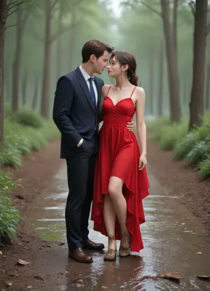 A highly photorealistic, candid outdoor photograph of a romantic young couple, both 25 years old, sharing a tender, spontaneous kiss in a muddy natural setting.

The woman is pretty and naturally chubby, with a soft, full figure, realistic body proportions, a rounded face and shoulder-length brown hair. She wears an elegant, flowing red dress that gently follows her natural figure. The lower part of her dress has become slightly wet and splashed with brown mud.

The man is handsome, slim and athletic, wearing a well-fitted dark suit and a white shirt. His polished shoes and the lower parts of his trousers are lightly stained with mud.

The couple stands close together in a shallow muddy puddle. The woman has wrapped her arms affectionately around his neck, with one hand resting gently in his hair. He holds her comfortably around the waist as they share a warm, natural kiss. Their posture is relaxed and affectionate, expressing genuine romantic attraction and happiness.

The surrounding ground is wet and muddy, with small puddles, uneven patches of soft earth and natural vegetation. Soft daylight illuminates the scene, creating realistic reflections on the damp ground.

The photograph captures an authentic, unposed romantic moment, with natural facial anatomy, realistic hands and fingers, believable body proportions, detailed fabric textures, subtle skin imperfections and lifelike lighting.

Professional documentary-style photography, full-body composition, natural colors, realistic depth of field, no artificial glamour effects, no exaggerated anatomy.