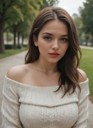 plump woman, perfect eyes, red lips, elegant hair style, soft and tender, fashion model, black pants, off-shoulder sweater, park, outside, close-up, dynamic angle.