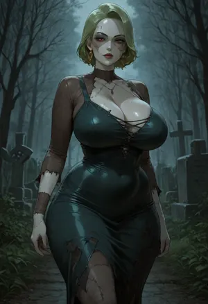 zombie MILF, voluptuous, stitches, green hair, tattered dress, zombie walk, graveyard