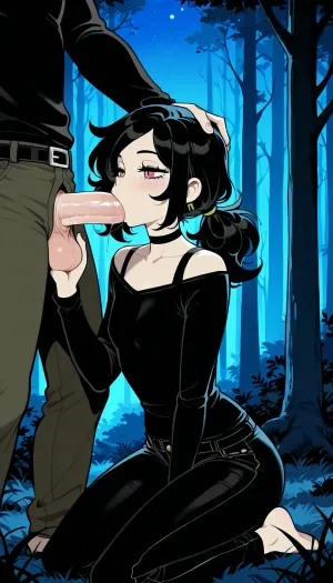 Derpixon style, simple cartoon porn, bold black outlines, vibrant flat colors, without shading, clean lines, maximum simplicity, clean flat coloring, no complex details, no gradients, no shine, on the forest, night, Ashley Graves, adult, 18 years old, small petite body, flat chest, small statute, she is kneeling, blowjob, huge penis, huge man, man hand on her head, man bigger then her, man in clothes, she is looking on man penis