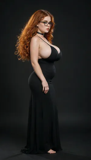 (((side view:1.8))), ((hot goth country girl)), (((lower soft belly))), (((Black background))), beautiful face, (((glasses))), natural huge breasts, ginger, redhead, bangs, wide hips, tan skin, horny expression, full lips, long length hair, bright green eyes, freckles, choker, sexy, tight tiny waist, flared hips, cute freckles, freckled face, freckled chest, freckled shoulders, delicious and seductive and sexy feminine, seductive crazed lustful look in her eyes, very long curly ginger red hair, black eyeliner, shy, blushing, sweaty, thick, hourglass figure, fit and curvy, slutty tan lines, Angel face, (((Bright Orange Dress))), <lora:tan-lines-xl-v1:.8>, <lora:add-detail-xl:.8>, <lora:SDXL_BetterFaces-LoRA_v1:.8>