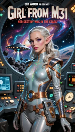 A dynamic, richly colored hand-painted vintage movie poster illustration in the dramatic style of classic 1950s and 60s B-movie science-fiction advertising. The poster captures a thrilling, action-packed space opera scene with bold typography and iconic genre clichés, without any weaponry. The background features a vibrant cosmic landscape of swirling nebulae, distant star clusters, and a massive, stylized view of the Milky Way, all within a circular viewscreen aboard a futuristic, multi-deck spaceship control room. Through the viewport, a sleek, flying-saucer-style spacecraft with glowing engines is seen rocketing through a dense field of asteroids towards a mysterious planet.

Dominating the foreground is the central subject, an otherworldly extraterrestrial girl from an other galaxy. She is strikingly beautiful but clearly alien, with pronounced non-human traits. She possesses delicate, subtly elongated pointed ears with intricate dermal ridges, large, wide-set violet eyes with feline-like pupils that glow softly, and a slender neck adorned with faint, iridescent bioluminescent patterns. Her skin has a very light, pearlescent azure-teal hue with subtle micro-scale textures along her high cheekbones and jawline. Her hair is a shimmering, metallic platinum-silver, sculpted into an elegant, elaborate 1950s-era updo with flowing waves that frame her face. She wears a form-fitting, retro-futuristic one-piece space uniform of shimmering silver-grey composite fabric with decorative copper trim, high shoulders, integrated brushed-aluminum accent rings, and various complex utility pouches and panels on her belt. She is standing with a composed, heroic gaze.

Behind her, a complex control room filled with glowing knobs, large analog dials, flickering CRT screens, and heavy-duty metal consoles, and monitors.

Bold typography dominates the top and bottom of the poster.

Top Banner, ("ED WOOD PRESENTS"), Main Title, (complete, Huge, rugged, futuristic block letters with cosmic textures, centered), ("GIRL FROM M31"), Sub-title, (Smaller, dramatic red script below title), ("HER DESTINY WAS IN THE STARS!"), The poster uses rich, saturated colors, deep reds, vivid teals, yellows, emerald greens, and metallic blues. The overall aesthetic is gritty, textured, high-contrast lighting, and dramatic shadow.