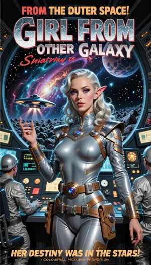 A dynamic, richly colored hand-painted vintage movie poster illustration in the dramatic style of classic 1950s and 60s B-movie science-fiction advertising. The poster captures a thrilling, action-packed space opera scene with bold typography and iconic genre clichés, without any weaponry. The background features a vibrant cosmic landscape of swirling nebulae, distant star clusters, and a massive, stylized view of the Milky Way, all within a circular viewscreen aboard a futuristic, multi-deck spaceship control room. Through the viewport, a sleek, flying-saucer-style spacecraft with glowing engines is seen rocketing through a dense field of asteroids towards a mysterious planet.

Dominating the foreground is the central subject, an otherworldly extraterrestrial woman. She is strikingly beautiful but clearly alien, with pronounced non-human traits. She possesses delicate, subtly elongated pointed ears with intricate dermal ridges, large, wide-set violet eyes with feline-like pupils that glow softly, and a slender neck adorned with faint, iridescent bioluminescent patterns. Her skin has a very light, pearlescent azure-teal hue with subtle micro-scale textures along her high cheekbones and jawline. Her hair is a shimmering, metallic platinum-silver, sculpted into an elegant, elaborate 1950s-era updo with flowing waves that frame her face. She wears a form-fitting, retro-futuristic one-piece space uniform of shimmering silver-grey composite fabric with decorative copper trim, high shoulders, integrated brushed-aluminum accent rings, and various complex utility pouches and panels on her belt. She is standing with a composed, heroic gaze, gesturing towards the cosmic view. A team of classic human civilian space explorers, in clean ribbed pressure suits, are visible behind her in the complex control room filled with glowing knobs, large analog dials, flickering CRT screens, and heavy-duty metal consoles, pointing at charts and monitors.

Bold typography dominates the top and bottom of the poster.

Top Banner, (Tagline in blocky red and yellow letters), "FROM THE OUTER SPACE!"

Main Title, (Huge, rugged, futuristic 3D block letters with cosmic textures, centered), "GIRL FROM AN OTHER GALAXY"

Sub-title, (Smaller, dramatic red script below title), "HER DESTINY WAS IN THE STARS!"

Bottom Credits • A COLOSSAL PICTURES PRODUCTION."

The poster uses rich, saturated colors, deep reds, vivid teals, yellows, emerald greens, and metallic blues. The overall aesthetic is gritty, textured, with visible brushstrokes, high-contrast lighting, and dramatic shadow.