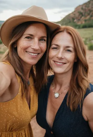 ((candid close-up selfie of a shy 48 year old woman with long straight brown hair, wearing a necklace, freckles, imperfect realistic skin, taking a selfie cheek to cheek)), . break. her friend is a 48 year old woman with platinum blonde hair wearing a cowboy hat, both smiling, both wearing nice dresses, the blonde woman is wearing a hat, soft natural lighting, realistic photography, raw photo, film grain, detailed faces, detailed skin, sharp focus, ((fully clothed:1)), <lora:clothed_small:1.1>