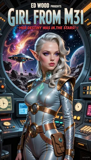 A dynamic, richly colored hand-painted vintage movie poster illustration in the dramatic style of classic 1950s and 60s B-movie science-fiction advertising. The poster captures a thrilling, action-packed space opera scene with bold typography and iconic genre clichés, without any weaponry. The background features a vibrant cosmic landscape of swirling nebulae, distant star clusters, and a massive, stylized view of the Milky Way, all within a circular viewscreen aboard a futuristic, multi-deck spaceship control room. Through the viewport, a sleek, flying-saucer-style spacecraft with glowing engines is seen rocketing through a dense field of asteroids towards a mysterious planet.

Dominating the foreground is the central subject, an otherworldly extraterrestrial girl from an other galaxy. She is strikingly beautiful but clearly alien, with pronounced non-human traits. She possesses delicate, subtly elongated pointed ears with intricate dermal ridges, large, wide-set violet eyes with feline-like pupils that glow softly, and a slender neck adorned with faint, iridescent bioluminescent patterns. Her skin has a very light, pearlescent azure-teal hue with subtle micro-scale textures along her high cheekbones and jawline. Her hair is a shimmering, metallic platinum-silver, sculpted into an elegant, elaborate 1950s-era updo with flowing waves that frame her face. She wears a form-fitting, retro-futuristic one-piece space uniform of shimmering silver-grey composite fabric with decorative copper trim, high shoulders, integrated brushed-aluminum accent rings, and various complex utility pouches and panels on her belt. She is standing with a composed, heroic gaze.

Behind her, a complex control room filled with glowing knobs, large analog dials, flickering CRT screens, and heavy-duty metal consoles, and monitors.

Bold typography dominates the top and bottom of the poster.

Top Banner, "ED WOOD PRESENTS", Main Title, complete, Huge, rugged, futuristic block letters with cosmic textures, centered, "GIRL FROM M31", Sub-title, (Smaller, dramatic red script below title), "HER DESTINY WAS IN THE STARS!", The poster uses rich, saturated colors, deep reds, vivid teals, yellows, emerald greens, and metallic blues. The overall aesthetic is gritty, textured, high-contrast lighting, and dramatic shadow.