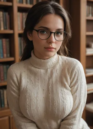 plump woman leaning forward with arms behind back, flirting, caring, comfy, soft and tender, knitted sweater, noble, glasses, busty, 20-years-old, young, beautiful, dimly lit library, close-up, dynamic angle.