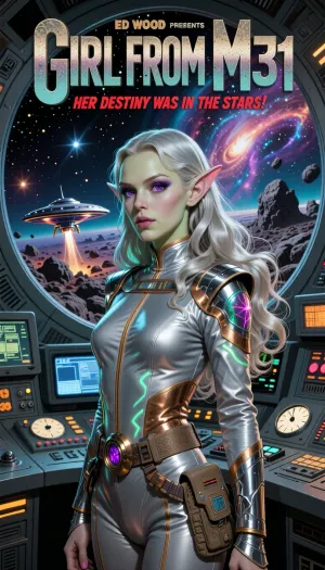 A dynamic, richly colored hand-painted vintage movie poster illustration in the dramatic style of classic 1950s and 60s B-movie science-fiction advertising. The poster captures a thrilling, action-packed space opera scene with bold typography and iconic genre clichés, without any weaponry. The background features a vibrant cosmic landscape of swirling nebulae, distant star clusters, and a massive, stylized view of the Milky Way, all within a circular viewscreen aboard a futuristic, multi-deck spaceship control room. Through the viewport, a sleek, flying-saucer-style spacecraft with glowing engines is seen rocketing through a dense field of asteroids towards a mysterious planet.

Dominating the foreground is the central subject, an otherworldly extraterrestrial girl from an other galaxy. She is strikingly beautiful but clearly alien, with pronounced extraterrestrial features. She possesses delicate, subtly elongated pointed ears, luminous violet eyes, emitting a mysterious glow, a luminescent light, and a slender neck. Her skin has a very pale greenish complexion. Her hair consists of luxurious, long wavy platinum-silver locks flowing freely down her back and framing her face in soft, glamorous waves. She wears a form-fitting, retro-futuristic one-piece space uniform of shimmering silver-grey composite fabric with decorative copper trim, high shoulders, integrated brushed-aluminum accent rings, and various complex utility pouches and panels on her belt. She is standing with a composed, heroic gaze, adorned with faint, iridescent bioluminescent patterns.

Behind her, a complex control room filled with glowing knobs, large analog dials, flickering CRT screens, and heavy-duty metal consoles, and monitors.

Bold typography dominates the top and bottom of the poster.

Top Banner, "ED WOOD PRESENTS", Main Title, complete, Huge, rugged, futuristic block letters with cosmic textures, centered, "GIRL FROM M31", Sub-title, (Smaller, dramatic red script below title), "HER DESTINY WAS IN THE STARS!", The poster uses rich, saturated colors, deep reds, vivid teals, yellows, emerald greens, and metallic blues. The overall aesthetic is gritty, textured, high-contrast lighting, and dramatic shadow.