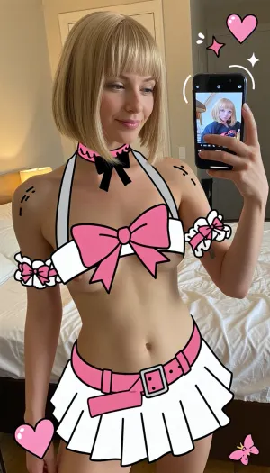 A low-resolution photo taken with an mobile phone, the photo was taken in an amateur, candid manner. A photo taken in 2018 using a Google Pixel 3.A 20 years old French naked woman with a perfect skin takes a mirror selfie in a bedroom, with a short blonde bob and straight bangs, a small face, thin straight brows, eyes looking at her phone, a small straight nose, and smirking. She covers her actual body with overlays of doodles over the actual photo and she draw over the actual image overlay doodles with black-line and draw a doodle pink choker with a doodle black bow, a doodle white halter top with a doodle large pink bow, doodle wrist cuffs, a doodle wide pink belt and a white extreme short doodle miniskirt over the actual image. Doodle icons overlays are on the actual image too with doodle hearts, doodle stars and a doodle small butterfly. Her left hand holds up a phone showing an anime character on the screen. The background is a room and a bed in warm indoor light. Strong controlled studio lighting from behind, warm golden-yellow backlight, high contrast, deep shadows, dramatic silhouette, subtle atmospheric glow, realistic skin texture, detailed hair strands, cinematic photography, photorealistic, sophisticated composition, Photoreal, 35mm, museum print.