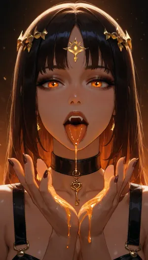 Extreme close-up portrait of a gothic woman with pale, glowing skin and dark hair. She features sharp vampire fangs and dark burgundy glossy lips, her mouth open to reveal a glowing, molten orange liquid in the shape of a heart resting on her tongue. A single drop of liquid drips from her lower lip. On her forehead, a bold, hand-drawn black cross is painted in a rough, painterly style. Her eyes are accentuated with shimmering metallic copper eyeshadow and heavy black eyeliner. She has long, pointed nude-colored manicured nails, framing her face with her hands. She wears a black leather choker with a silver ring. The lighting is dramatic and moody, with a warm amber glow contrasting against a dark, shadowy background. The color palette is dominated by deep blacks, rich burgundies, and vivid glowing orange. The style is hyper-realistic with a dark fantasy, avant-garde fashion aesthetic., cinematic shot, dynamic lighting, 75mm, Technicolor, Panavision, cinemascope, sharp focus, fine details, 8k, HDR, realism, realistic, key visual, film still, cinematic color grading, depth of field.

Overall, it's an absolute world-class masterpiece. It's an aesthetically pleasing image with impeccable attention to detail and impressive composition.
