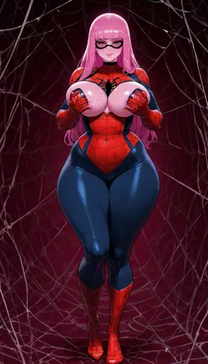 (Princess Bubblegum:1.6), adult Bonnibel, light solo, pink skin, long magenta bubblegum hair, pink eyes, golden crown, (thick body:1.5), soft full thighs, wide hips, soft belly, large ass, medium-large breasts, (Spider-Man Cosplay:1.5), tight red-and-blue suit with web pattern, mask on, (seductive expression:1.5), deep crouch on toes, body wound tight ready to explode upward, (holding breasts:1.4), hands cupping and squeezing her breasts through the suit, candy laboratory, soft pink light, highly detailed, <lora:cfg_scale_boost:1.3>, <lora:LCMTurboMix_Euler_A_fix:1.5>, Amazingfantasy15, red, and, black, costume, blue, shades, webs, under, the, arms, <lora:checkpoint-e100_s1500:.8>