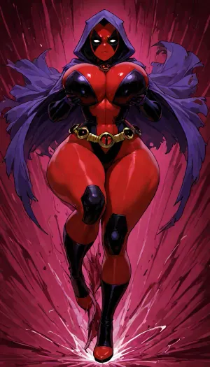 Solo, (Lady Deadpool:1.6), adult female Deadpool, athletic yet curvy scarred body, dense scars, full red-and-black suit and mask on, dual katanas, (curvy body:1.6), extreme hourglass, massive breasts, tiny waist, huge hips, thick thighs, large round ass, (Raven from DC outfit:1.5), dark purple hooded cloak, tight black leotard with red gem, (evil expression:1.5), (high spinning kick freeze:1.5), body rotated, one leg extended vertically, cloak flaring, (holding breasts:1.4), both hands squeezing her breasts, dim church, dramatic shadows, sharp focus, raven, <lora:Raven_XL:1.9>, <lora:cfg_scale_boost:.8>, <lora:LCMTurboMix_Euler_A_fix:.8>