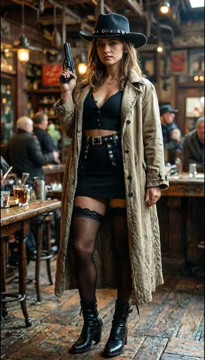 8k, score_9, score_8_up, score_7_up, score_6_up, FILM PHOTOGRAPHY STYLE, cinematic photography of a woman, professional portrait photo realism, Sandbox style, colossal breast, Monochrome, Wild West 1790, backside view of a super sexy athletic and flat-chested gunslinger stands drunk in a saloon, lifts up her dark red miniskirt, she wears, (a long beige dirty used coat:1.3), underneath a white cotton rough men's shirt with buttons, (a dark red miniskirt:1.4), (black fishnet stockings:1.4), cowboy boots, (a cartridge belt with a pistol holder around her waist:1.4), her dusty black hat is pulled low over her face, perfect face, perfect hands, dangerous aura, leaning tipsy against the polished wooden bar of a smoky frontier saloon, (whiskey glass in one hand:1.3), warm golden lamplight, card tables and piano in the background, cowboys and gamblers glancing her way. Sawdust on the floor, haze of cigar smoke in the air, filled with dust and smoke, emphasizing a cinematic, dystopian cowboy atmosphere, art Style & Technique is a dirty old style, Ultra-realistic digital painting with cinematic depth of field. Highly detailed texturing on leather, skin, and hair, dramatic contrast lighting and warm dusty tones, a sharp foreground focus and a slightly blurred background to create depth, masterpiece, best quality, ultra-detailed, cinematic lighting, wild west, smoking weed, cannabis, Ultra-realistic Western art, highly detailed, cinematic moody lighting, tense but charismatic atmosphere., crowd, of, people, FRESHIDEAS, Real, Photography, 2#, full body view, <lora:FRESHIDEAS Real Photography 2#:.8>, <lora:MJ52:.8>, <lora:detailed_notrigger:2>, <lora:add-detail-xl:.8>, <lora:LCMTurboMix_Euler_A_fix:.8>