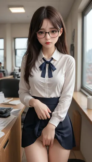 Korean girl, glasses, very long heir, black heir, lifts her skirt, shows pussy, nerdy, office, shy face, kb3auty, korean, <lora:kbeauty__kb3auty__0_2:.8>