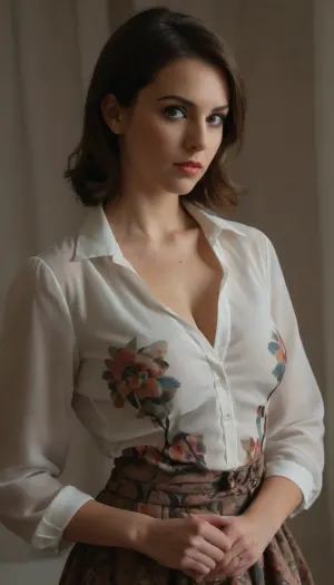 A woman stands with her back and shoulders pressed against the wall in a stiff awkward posture in her living-room, 30 years-old small-framed curvy ripe busty woman, (brown short haircut, brown eyes, nice round face, high cheekbones, sad face), (((fastened to the top blouse))), (She is wearing modestly fastened white sheer chiffon blouse with a black exquisite geometric pattern), (Her clothes safely hide her blossom through fabric of her fastened blouse is strained tightly against the pressure of her bust:2), She has short stature womanish curvy ripe body, (wide pelvis, wide hips:1.7), short curvy legs, curvy calves, 4k resolution photorealism, (1/4 side view), eye level angle shot, (her head is turned to the viewer, she looks pleadingly at the viewer with an eye contact), (Full-length body shot in the frame), (Wallpaper background with a floral pattern:.8)