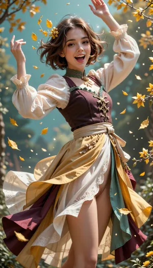 A joyful young woman with a slim build and fair skin, captured dancing or spinning with both arms spread wide and lifted toward the viewer. She has a short, tousled chestnut-brown bob with loose strands, bright reddish-brown eyes, and a wide, open-mouthed smile. She wears a flowing layered outfit, a pale cream blouse with puffed sleeves and ruffled cuffs beneath a dark burgundy-brown fitted bodice, accented by a muted green neck detail and a broad light-colored waist sash. Her long, asymmetrical skirt has translucent, fluttering panels in warm cream, yellow, muted green, and deep plum. Her body tilts dynamically as the skirt flares around her, while golden-yellow leaves and flower petals swirl across her hair, clothing, and outstretched hands.

A dreamy, open-air setting filled with drifting golden leaves and small yellow blossoms, with no clearly defined buildings or furnishings. The background is an impressionistic wash of turquoise and sky blue, soft green, ochre, and warm brown, suggesting a sunlit garden or autumn landscape. Tiny glowing flecks and softly blurred foliage create a magical, airy atmosphere.

A highly realistic fine-art photograph with natural human anatomy, lifelike facial features, realistic skin texture, individual hair strands, and finely rendered fabric. Preserve the original outfit, colors, pose, and whimsical energy, translating them into convincing real-world materials and physical detail. The translucent skirt panels catch the breeze naturally, while folds, stitching, lace, and layered cloth are rendered with photographic clarity. A vivid, warm palette of golden yellow, amber, cream, coral, burgundy, and teal contrasts against the cool blue-green background. The result feels romantic and energetic, with flowing fabric, scattered petals, and subtle luminous accents.

Bright, warm golden sunlight falls across the girl from above and slightly to the side, catching her hair, face, sleeves, and skirt with glowing yellow highlights. Soft, diffuse ambient light fills the scene, while natural shadows define the folds of her clothes and facial features. Backlit petals and fine floating specks add a radiant, magical glow without harsh contrast.

A vertical full-body portrait framed from a slightly low, upward-looking angle, making the girl's outstretched hands and lively pose feel close and energetic. She occupies most of the frame and is centered, with her arms reaching toward both upper corners and her flared skirt sweeping across the lower half. Diagonal fabric folds and swirling leaves guide the eye around the image. The background is softly painterly and out of focus rather than sharply detailed, keeping attention on the girl, the framing crops parts of her hands and flowing skirt at the edges.