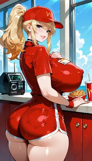 back side view, fast food worker, bimbo, standing, hand on chest, (erotic pose), seductive gaze.

very beautiful face, full lips, blue eyes, ponytail hair, round breasts, (giant heavy breasts), erect nipples, wide hips, thick thighs, huge ass, curvy body type, big smile, excited.

hat, uniform, button up shirt, (tight shirt), shorts, name tag, choker.

counter, drink machine, fries, window, daytime.