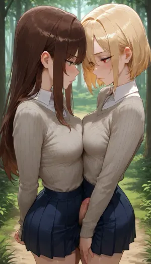 2 Futanari, they both are 20 years old, adults, (They both have white skin colour), 1 Futanari have brown hair, the other Futanari have blonde hair, They both have thin waist, they both have small bodies, small height, they both have small boobs, They both are wearing dark blue student sweaters with a white collar, (very detailed dark blue student sweaters with a white collar), They both are wearing dark blue skirts, (Their penises are visible under their dark blue skirts), (Penis), (shaved penis), Clearing, (very detailed green grass), ((trees in the background)), They are standing near each other, they are looking at eachother, They press their small breasts against each other, (rivalry), Serious faces, side view, (view from side), view from above, masterpiece, very detailed image, 4k image
