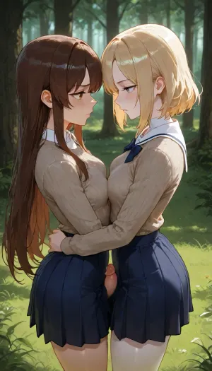 2 Futanari, they both are 20 years old, adults, (They both have white skin colour), 1 Futanari have brown hair, the other Futanari have blonde hair, They both have thin waist, they both have small bodies, small height, they both have small boobs, They both are wearing dark blue student sweaters with a white collar, (very detailed dark blue student sweaters with a white collar), They both are wearing dark blue skirts, (Their penises are visible under their dark blue skirts), (Penis), (shaved penis), Clearing, (very detailed green grass), ((trees in the background)), They are standing near each other, they are looking at eachother, They press their small breasts against each other, (rivalry), Serious faces, side view, (view from side), view from above, masterpiece, very detailed image, 4k image
