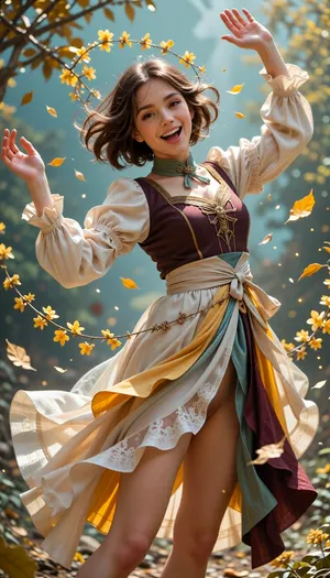 A joyful young woman with a slim build and fair skin, captured dancing or spinning with both arms spread wide and lifted toward the viewer. She has a short, tousled chestnut-brown bob with loose strands, bright reddish-brown eyes, and a wide, open-mouthed smile. She wears a flowing layered outfit, a pale cream blouse with puffed sleeves and ruffled cuffs beneath a dark burgundy-brown fitted bodice, accented by a muted green neck detail and a broad light-colored waist sash. Her long, asymmetrical skirt has translucent, fluttering panels in warm cream, yellow, muted green, and deep plum. Her body tilts dynamically as the skirt flares around her, while golden-yellow leaves and flower petals swirl across her hair, clothing, and outstretched hands.

A dreamy, open-air setting filled with drifting golden leaves and small yellow blossoms, with no clearly defined buildings or furnishings. The background is an impressionistic wash of turquoise and sky blue, soft green, ochre, and warm brown, suggesting a sunlit garden or autumn landscape. Tiny glowing flecks and softly blurred foliage create a magical, airy atmosphere.

A highly realistic fine-art photograph with natural human anatomy, lifelike facial features, realistic skin texture, individual hair strands, and finely rendered fabric. Preserve the original outfit, colors, pose, and whimsical energy, translating them into convincing real-world materials and physical detail. The translucent skirt panels catch the breeze naturally, while folds, stitching, lace, and layered cloth are rendered with photographic clarity. A vivid, warm palette of golden yellow, amber, cream, coral, burgundy, and teal contrasts against the cool blue-green background. The result feels romantic and energetic, with flowing fabric, scattered petals, and subtle luminous accents.

Bright, warm golden sunlight falls across the girl from above and slightly to the side, catching her hair, face, sleeves, and skirt with glowing yellow highlights. Soft, diffuse ambient light fills the scene, while natural shadows define the folds of her clothes and facial features. Backlit petals and fine floating specks add a radiant, magical glow without harsh contrast.

A vertical full-body portrait framed from a slightly low, upward-looking angle, making the girl's outstretched hands and lively pose feel close and energetic. She occupies most of the frame and is centered, with her arms reaching toward both upper corners and her flared skirt sweeping across the lower half. Diagonal fabric folds and swirling leaves guide the eye around the image. The background is softly painterly and out of focus rather than sharply detailed, keeping attention on the girl, the framing crops parts of her hands and flowing skirt at the edges.