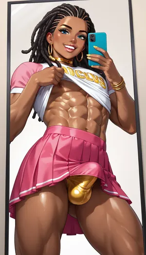 view from below, male Amateur photo, 22 years old black bodybuilder male in princess-peaches costume, androgynous african face, beautiful dark skinned face, looking at the camera, smiling, massive chest, abs, slender, smooth silky dreadlock hair, showing his flexed bicep-arm, golden choker, flawless skin, pink-muscleshirt and pink lifted skirt, giant pink-penisbulge, holding penisbulge pose in mirror selfie, sunny illumination, focus on his
amazing slender muscled legs, shiny legs, <lora:Adonis_belt:2>