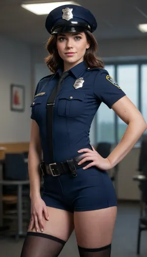 woman, Police, ((Sexy Police uniform)), perfect lighting, ultra realistic, 8k resolution, ultra detailed, instagram model, professional photography, dark hair color, Tights, medium bust, shy smile, nordic, playful, freckled face, slim body, lifelike face, real face