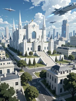 painterly anime artwork, Attack on Titan style futuristic modern city with white building and trees, in center of the city there is a modern white palace with spiky towers. Some spaceships in the sky, world-class masterpiece, fine details, breathtaking artwork, painterly art style, high quality, 8k, very detailed, high resolution, exquisite composition and lighting.