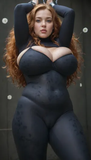 large bbw woman 40yo, gigantic breast, long ginger curly hair, pale skin, blue eyes, from face, huge firm breast, dandelion patterned latex bodysuit covering the whole body, visible cameltoe, (round huge breast:1.2), arms up chained and up stretched, body stretched up at limit, insan quantity of cum, cum everywhere, LaDy_IceQ, XL, plump, skindentation, chubby, bbw, venus, body, big, ass, namilia-full-bodysuit-red, black, skinsuit, one-piece, namilia-full-bodysuit-blue, cameltoe, <lora:Chubby BBW - XL:1.3>, <lora:White_Slime_V2-000008:1.7>, <lora:NAMILIA-full-bodysuit-SDXL-V0.1:1.8>, <lora:cameltoe XL:1.5>