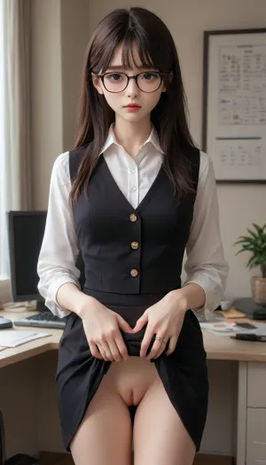 Korean girl, glasses, very long heir, black heir, lifts her skirt, shows pussy, nerdy, office