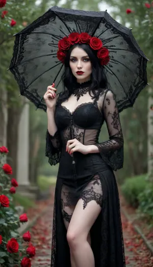 Full-length woman, goth makeup, red roses, nude, pale skin, black lace hat, lace umbrella
