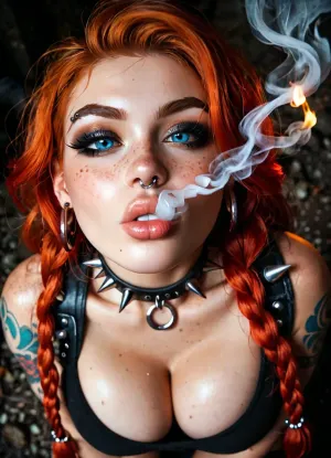 extreme high-angle overhead shot, the camera positioned directly above the subject, looking straight down. The subject tilts their face upward and looks directly into the lens, intense direct eye contact, She is holding a pre-rolled coned spliff in her mouth and smoke is coming out cinematic composition. of a bbw young redhead woman, 28 years old. Wearing a black heavy collar with spikes. Tattoo reading PET above her left eyebrow in gothic font. Tattoo reading SlUT wrapping around the front of her chest. black eyeshadow, thick eyeliner, plump lips, large bright blue eyes, freckles, very long wavy red hair in viking braids, silver multi earrings, silver stud nose piercing, huge round fake silicone tits, huge boobs, In a dark dirty dungeon. dark, night, smoking, smoke, coming, out, of, the, mouth, <lora:Smoking_Babes_XL_V2:.8>